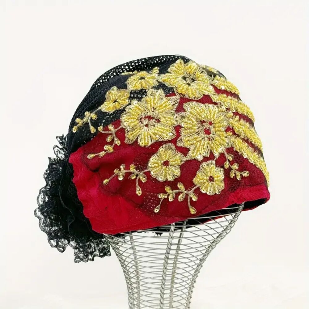 Red Beanie with Golden Beads Breathable Head Wrap and Chemo Cap Women & Girls - Picture 11 of 15